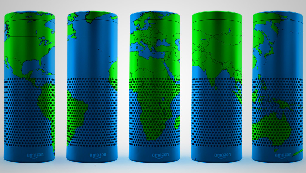 Amazon Echos with world globes