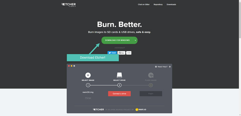A screenshot of etcher.io's homepage with download button