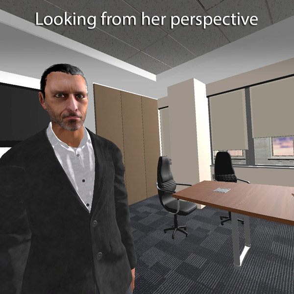 A screenshot of the scene with your new persona in a board room meeting